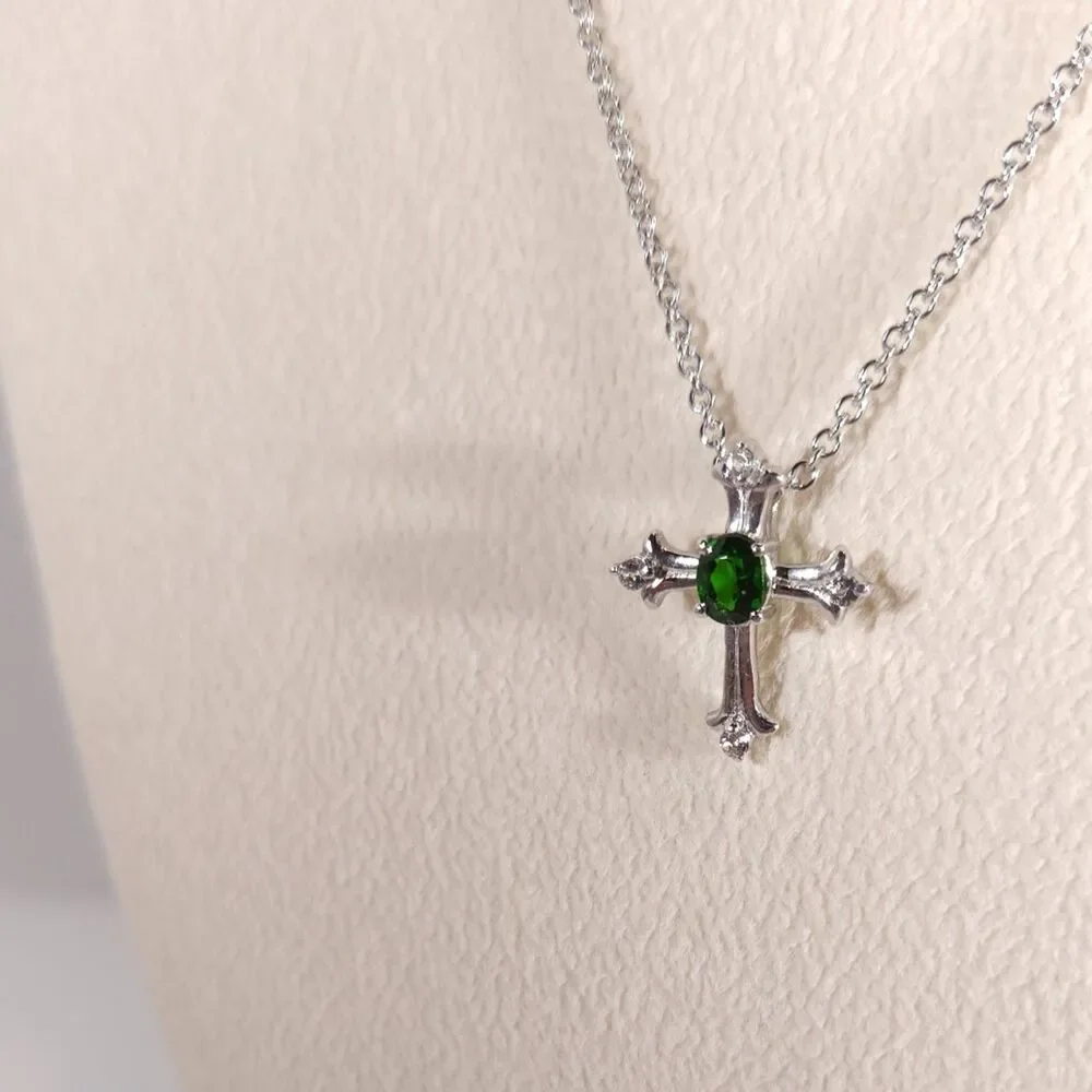 Chrome Diopside Cross Pendant and Stainless Steel Chain